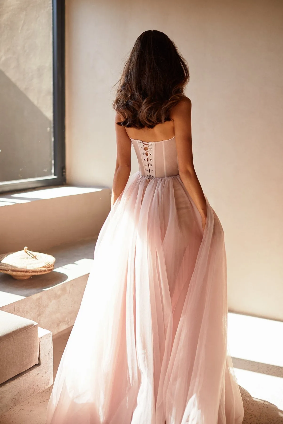 Misty Rose Tulle Maxi Dress with a Corset Bustier