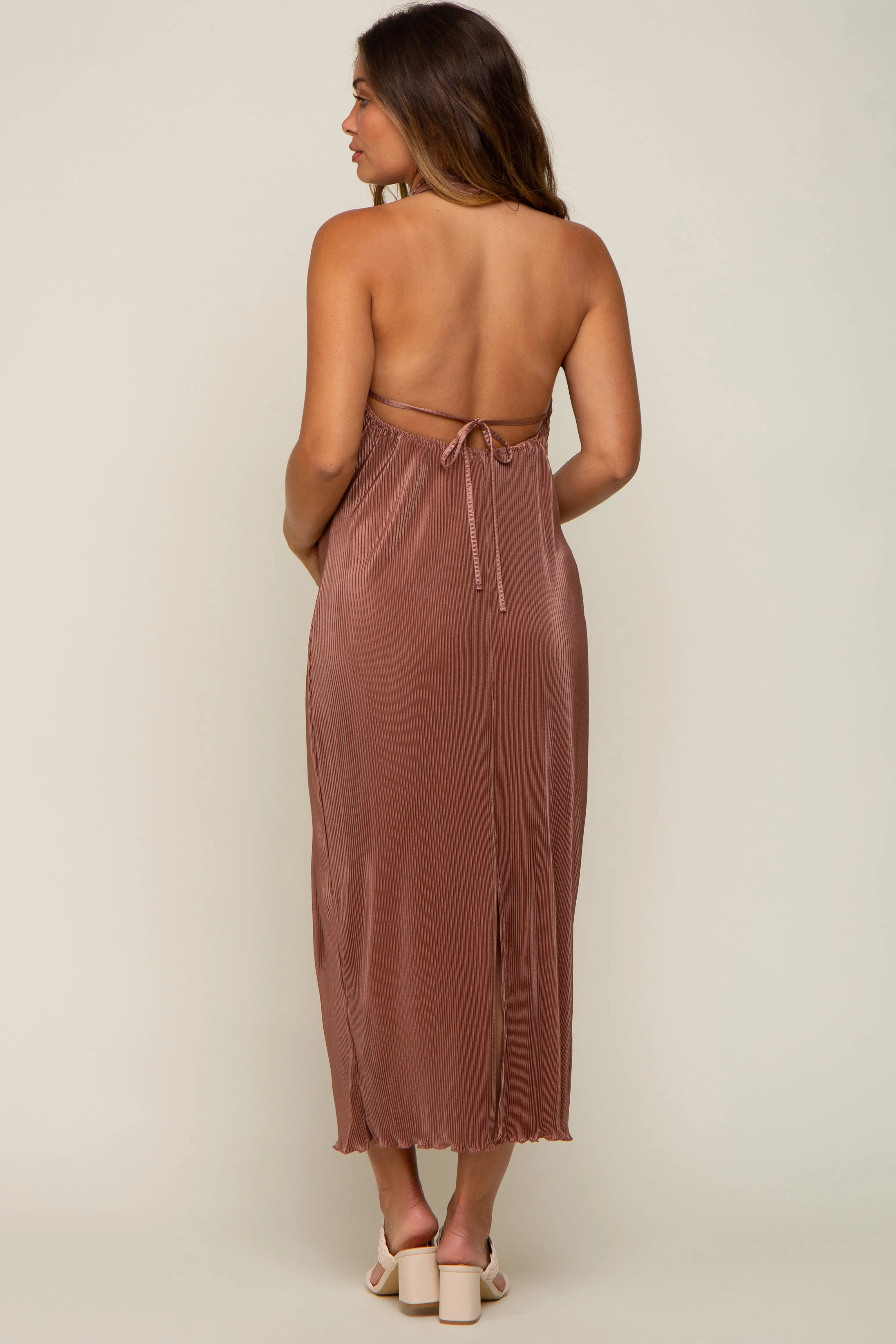 Mocha Knot Front Plisse Halter Maternity Midi Dress