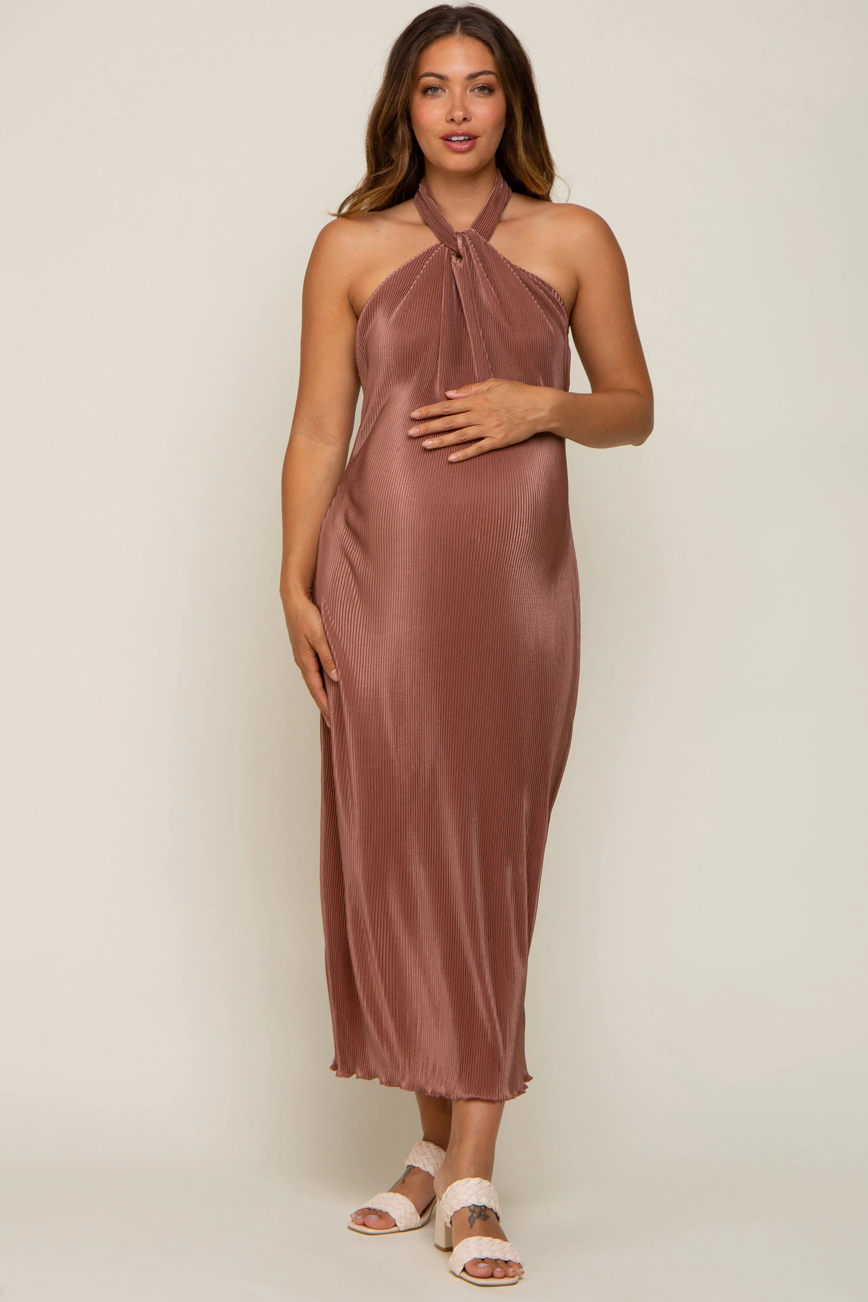 Mocha Knot Front Plisse Halter Maternity Midi Dress