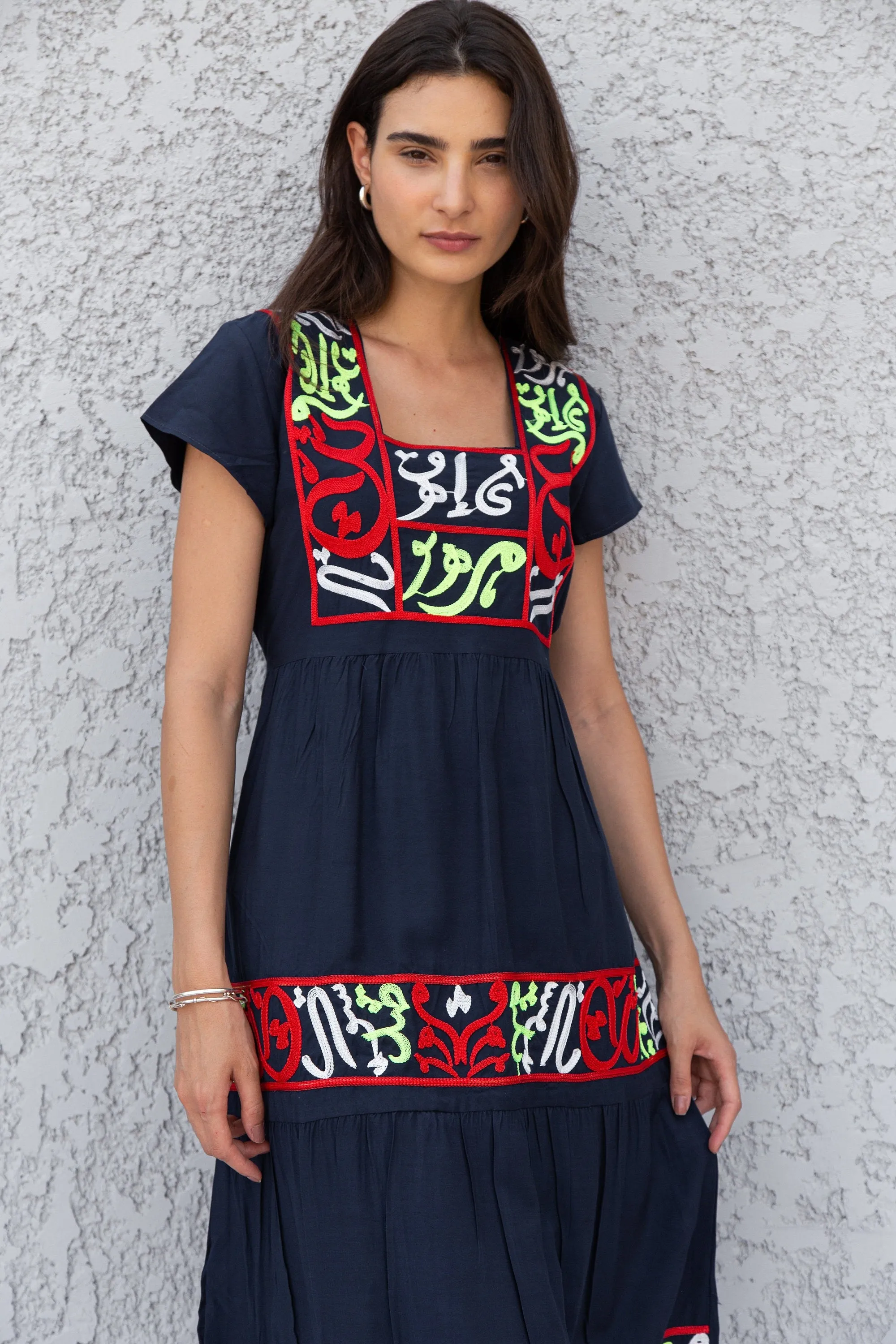 Navy blue Tunic embroidered kaftan dress, Boho embroidery tunic dress, Egyptian cotton. Summer, beach, resorts, Gypsy dress