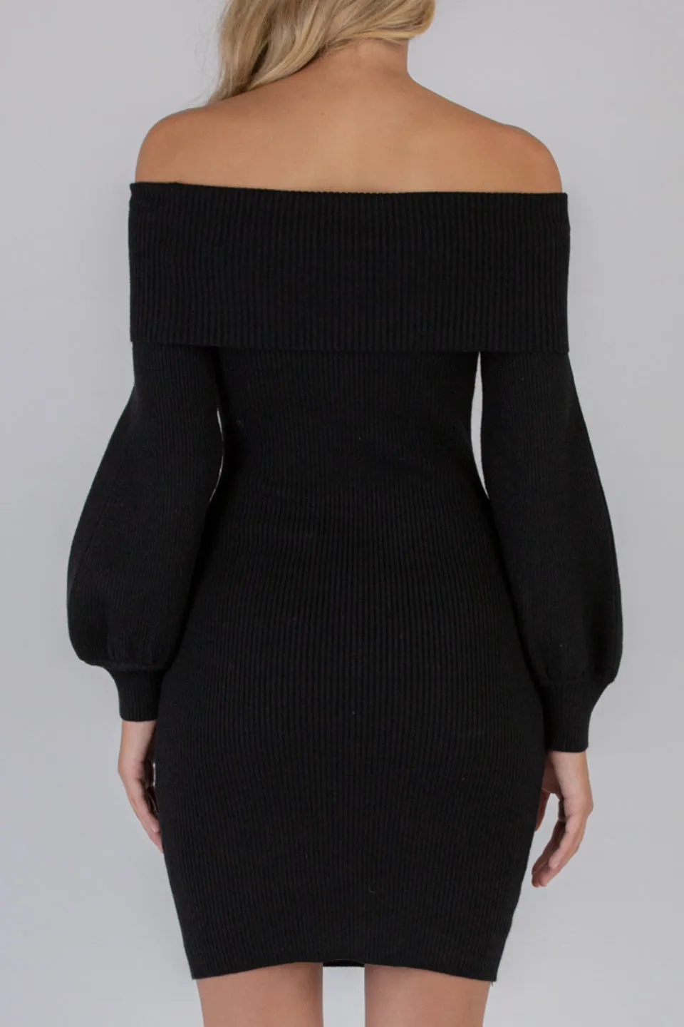 Off Shoulder Bubble Sleeve Black Knit Dress