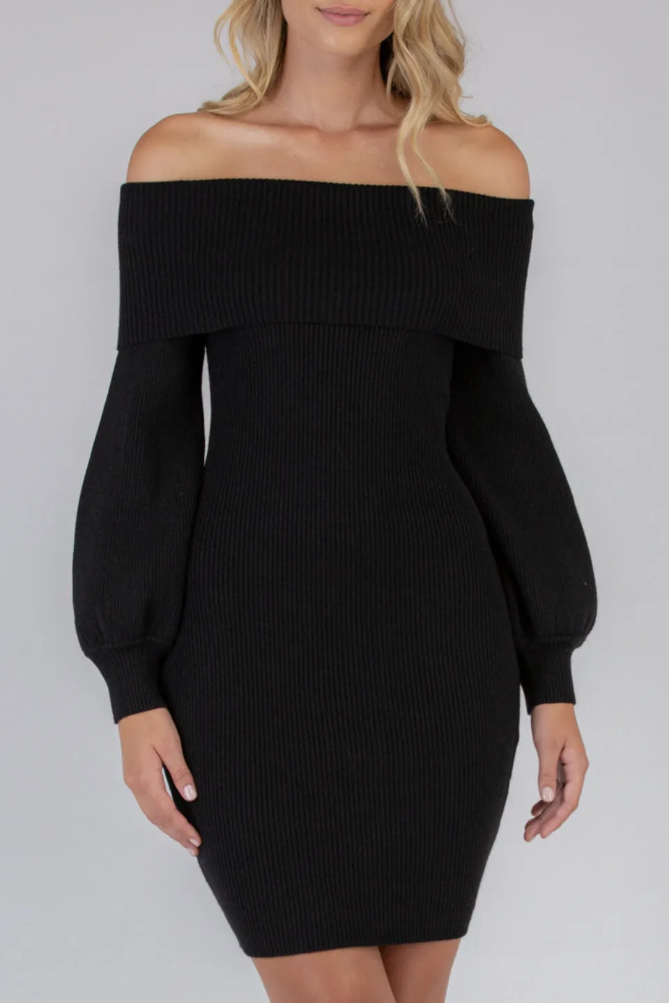 Off Shoulder Bubble Sleeve Black Knit Dress