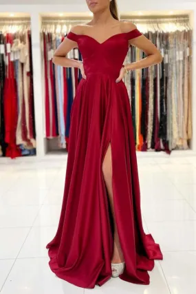 Off-Shoulder Burgundy Prom Dress With Slit