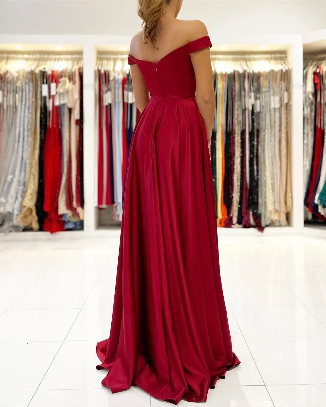 Off-Shoulder Burgundy Prom Dress With Slit