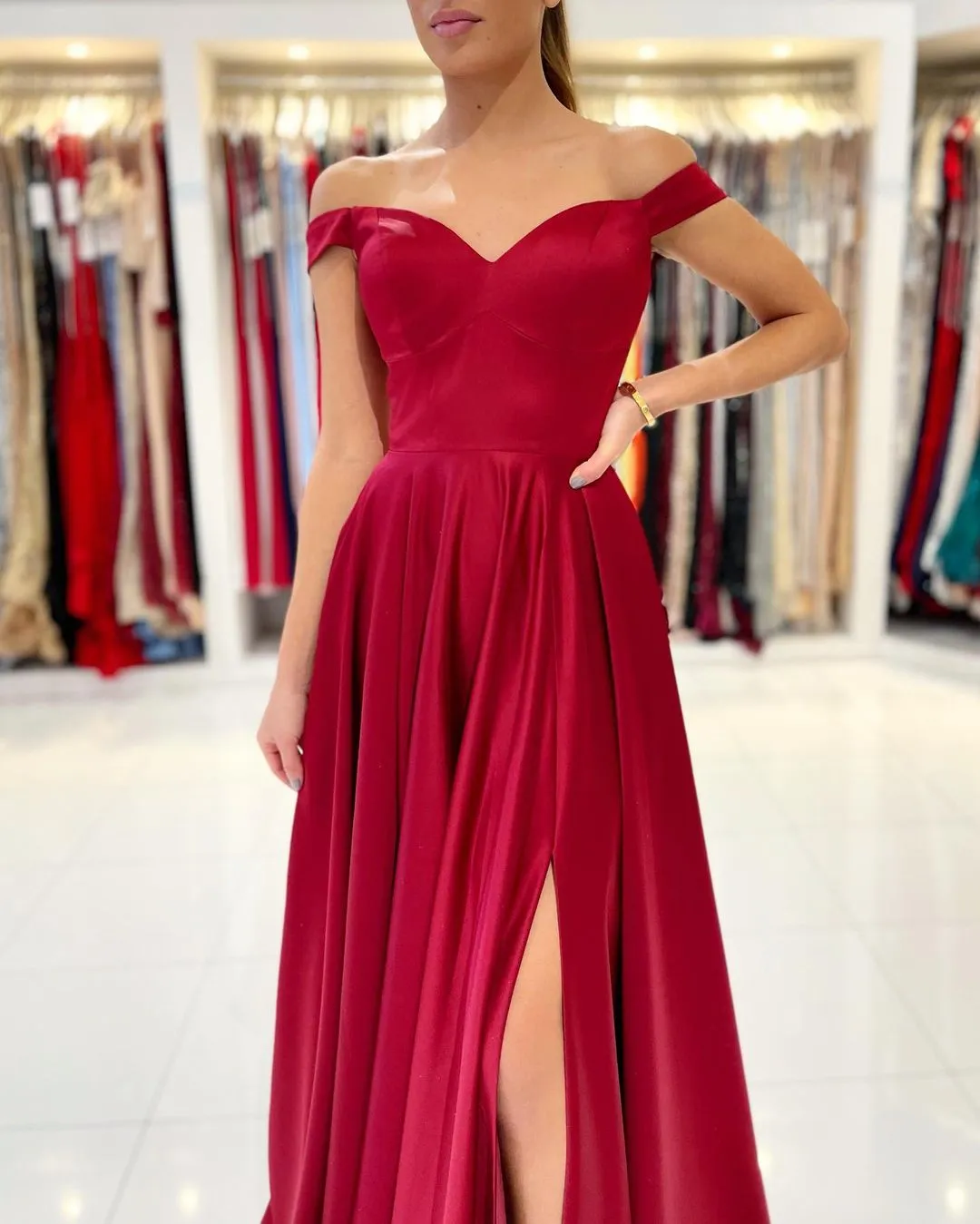 Off-Shoulder Burgundy Prom Dress With Slit