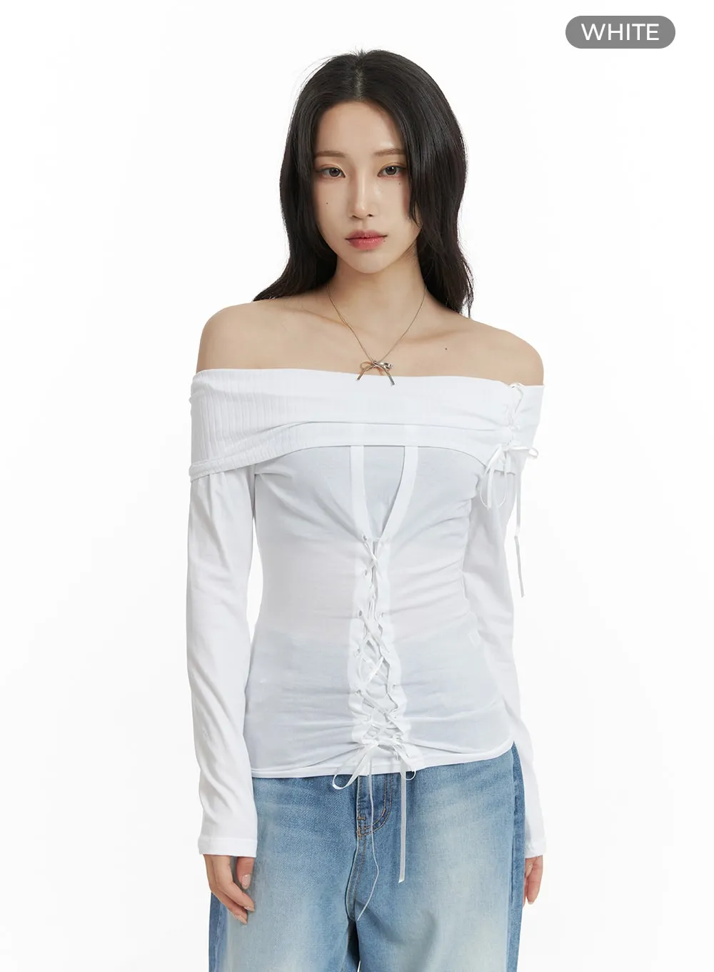 Off-Shoulder Lace Up Long Sleeve CM406