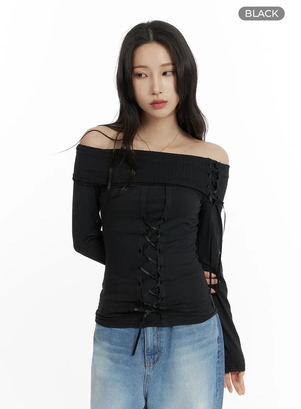 Off-Shoulder Lace Up Long Sleeve CM406