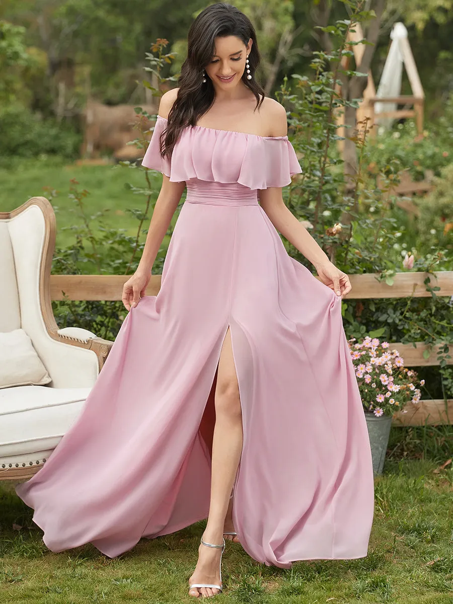 Off Shoulder Ruffles Thigh Split  Bridesmaid Dresses