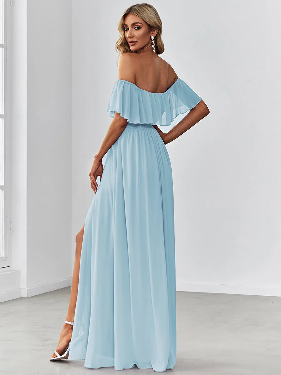 Off Shoulder Ruffles Thigh Split  Bridesmaid Dresses