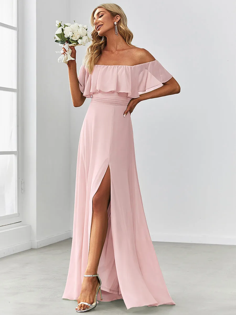 Off Shoulder Ruffles Thigh Split  Bridesmaid Dresses