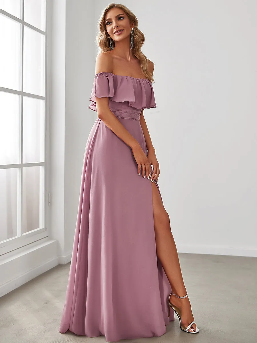 Off Shoulder Ruffles Thigh Split  Bridesmaid Dresses