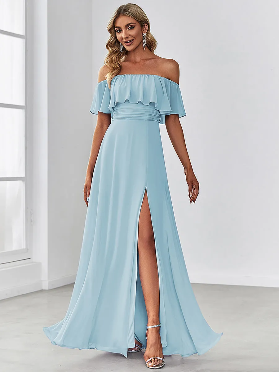 Off Shoulder Ruffles Thigh Split  Bridesmaid Dresses