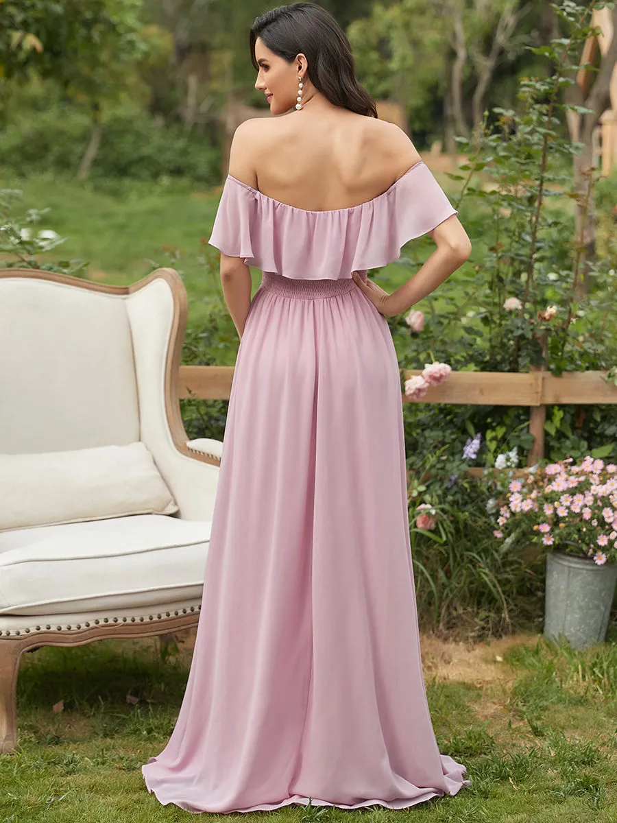 Off Shoulder Ruffles Thigh Split  Bridesmaid Dresses