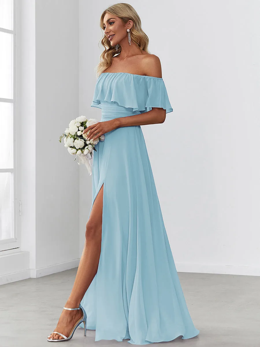 Off Shoulder Ruffles Thigh Split  Bridesmaid Dresses