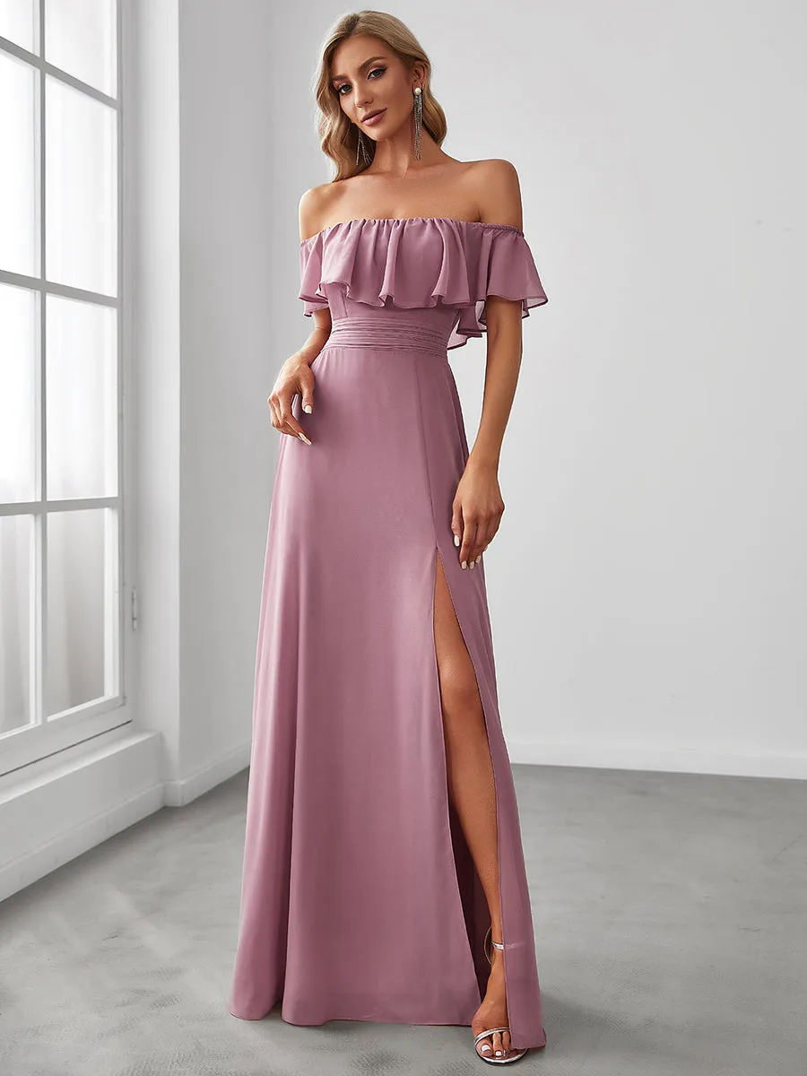 Off Shoulder Ruffles Thigh Split  Bridesmaid Dresses