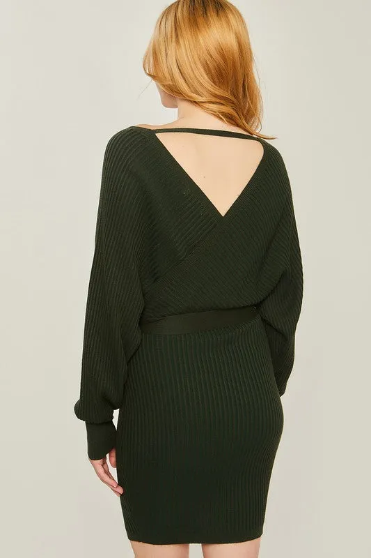 Off Shoulder Wrap Belted Ribbed Knit Dress