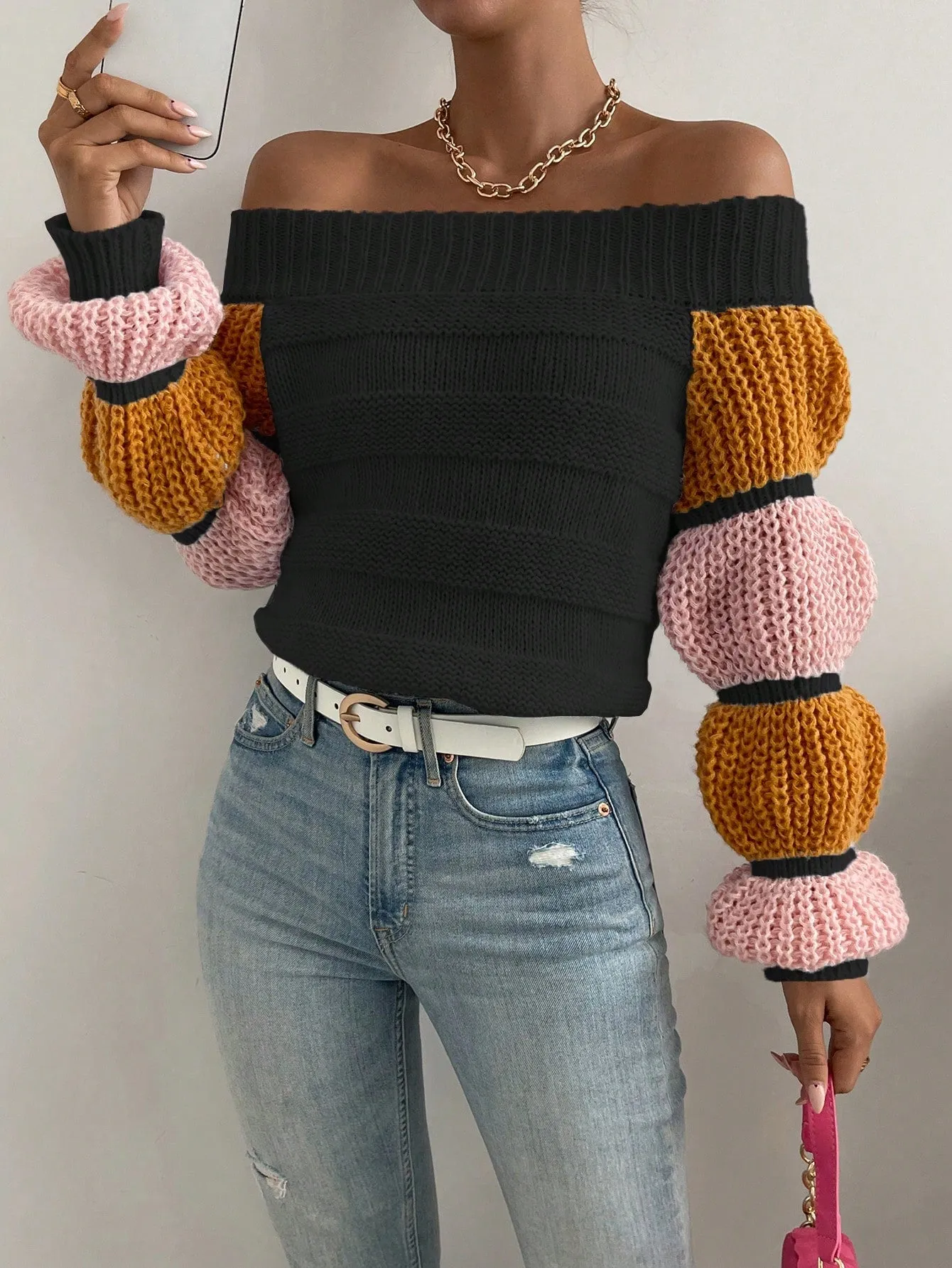 Off the Shoulder Lantern Sleeve Sweater