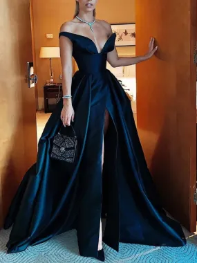 Off The Shoulder Satin Cheap Prom Dresses Long Side Slit V-Neck Black Formal Dresses ER2077