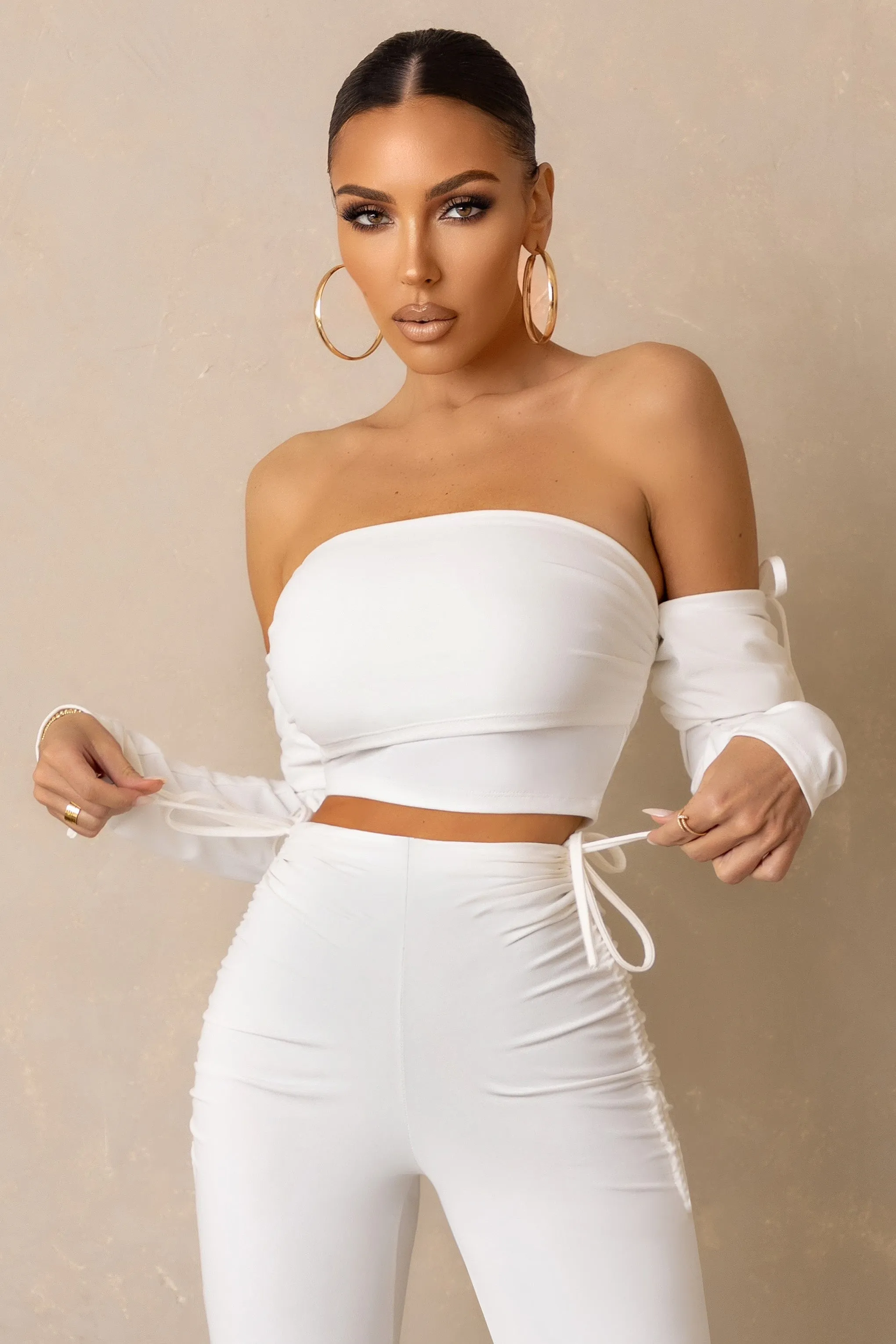 On Top | Off White Ruched Bardot Crop Top