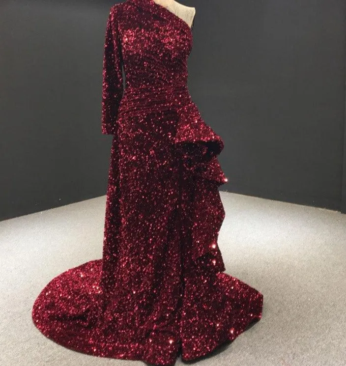 One Shoulder Sequined Sparkle Mermaid Formal Dress