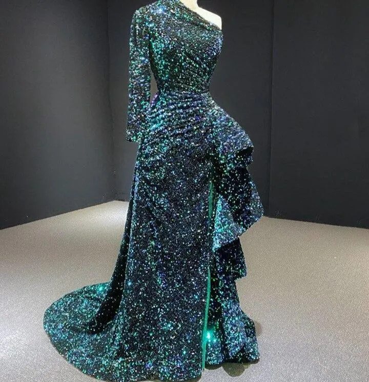 One Shoulder Sequined Sparkle Mermaid Formal Dress