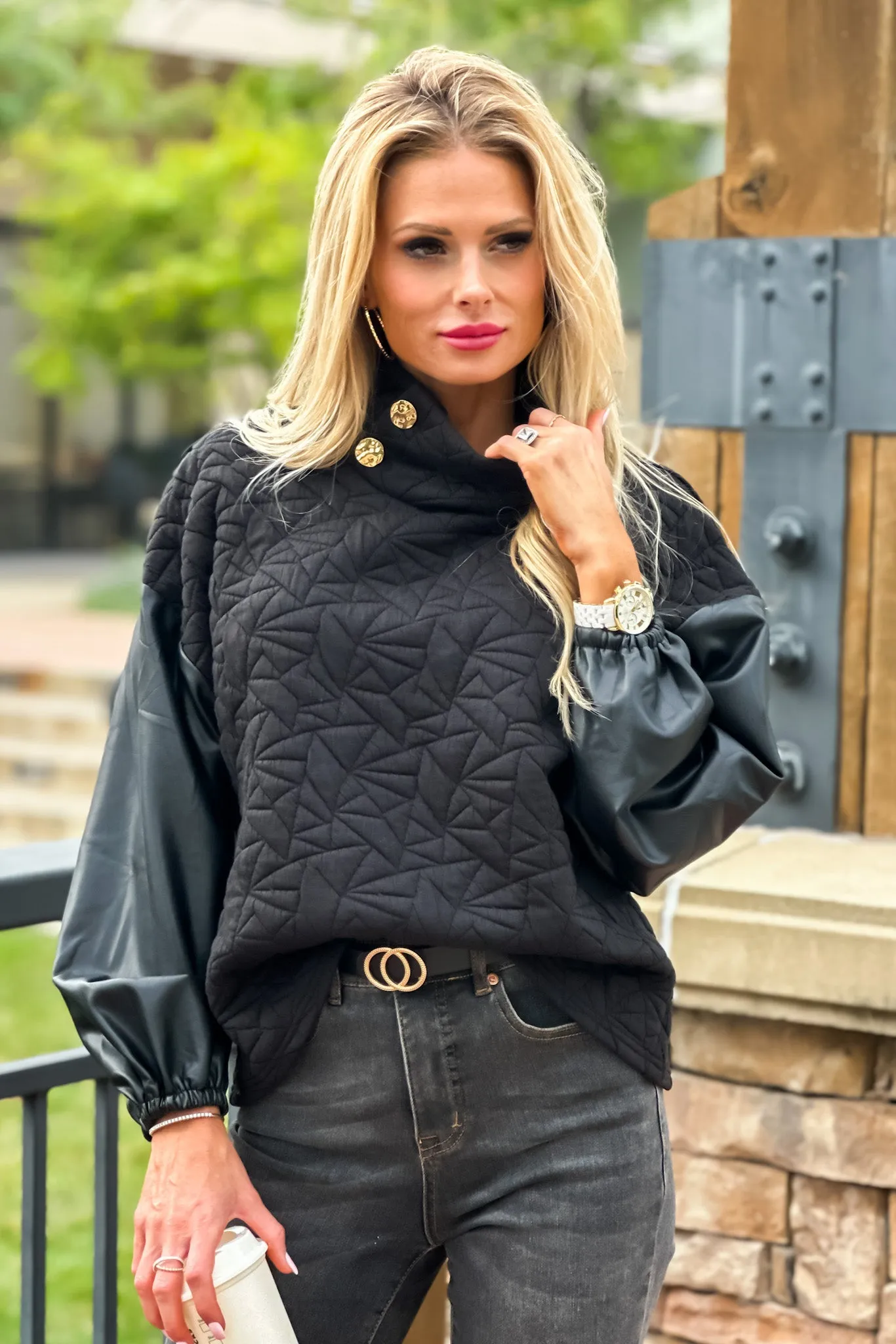 Only The Best Faux Leather Sleeve Quilted Top : Black