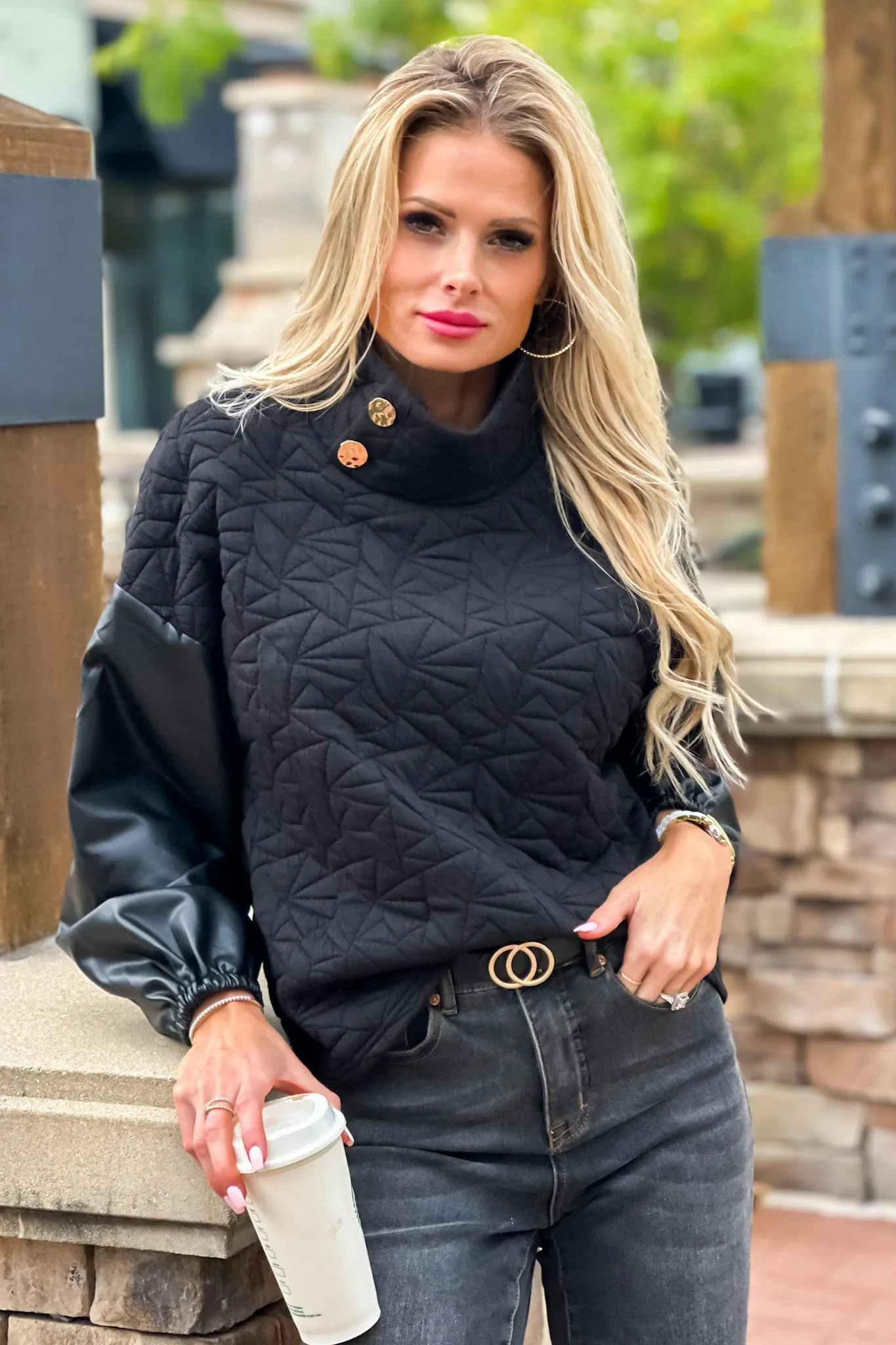 Only The Best Faux Leather Sleeve Quilted Top : Black