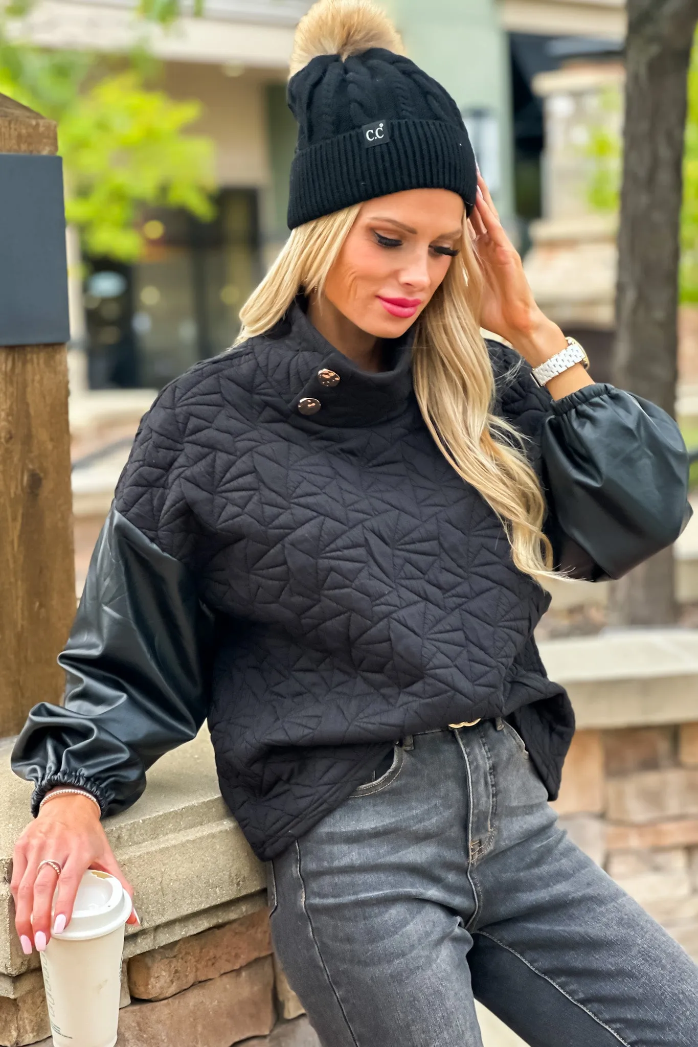 Only The Best Faux Leather Sleeve Quilted Top : Black