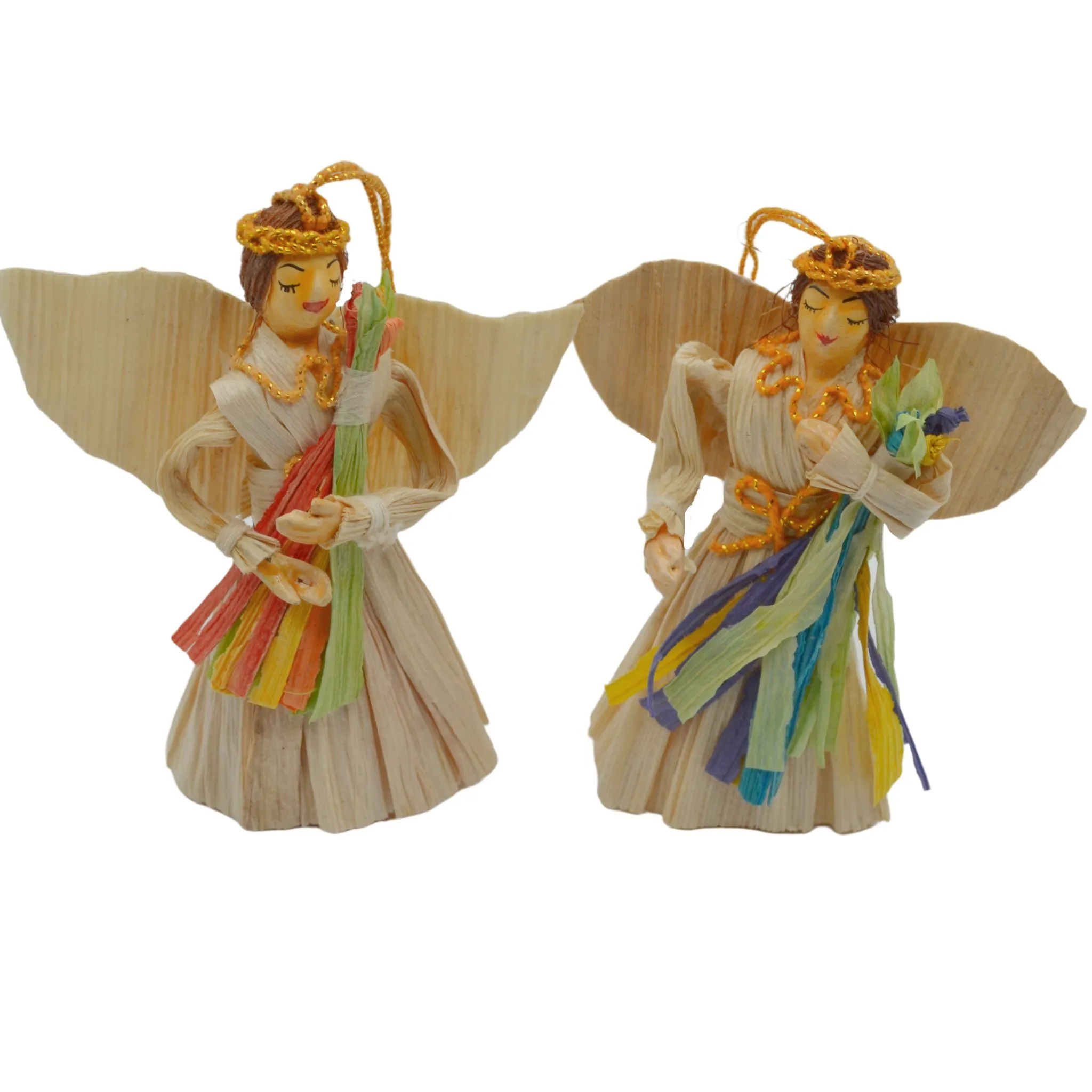 Pair of Corn Husk Angels with Flowers