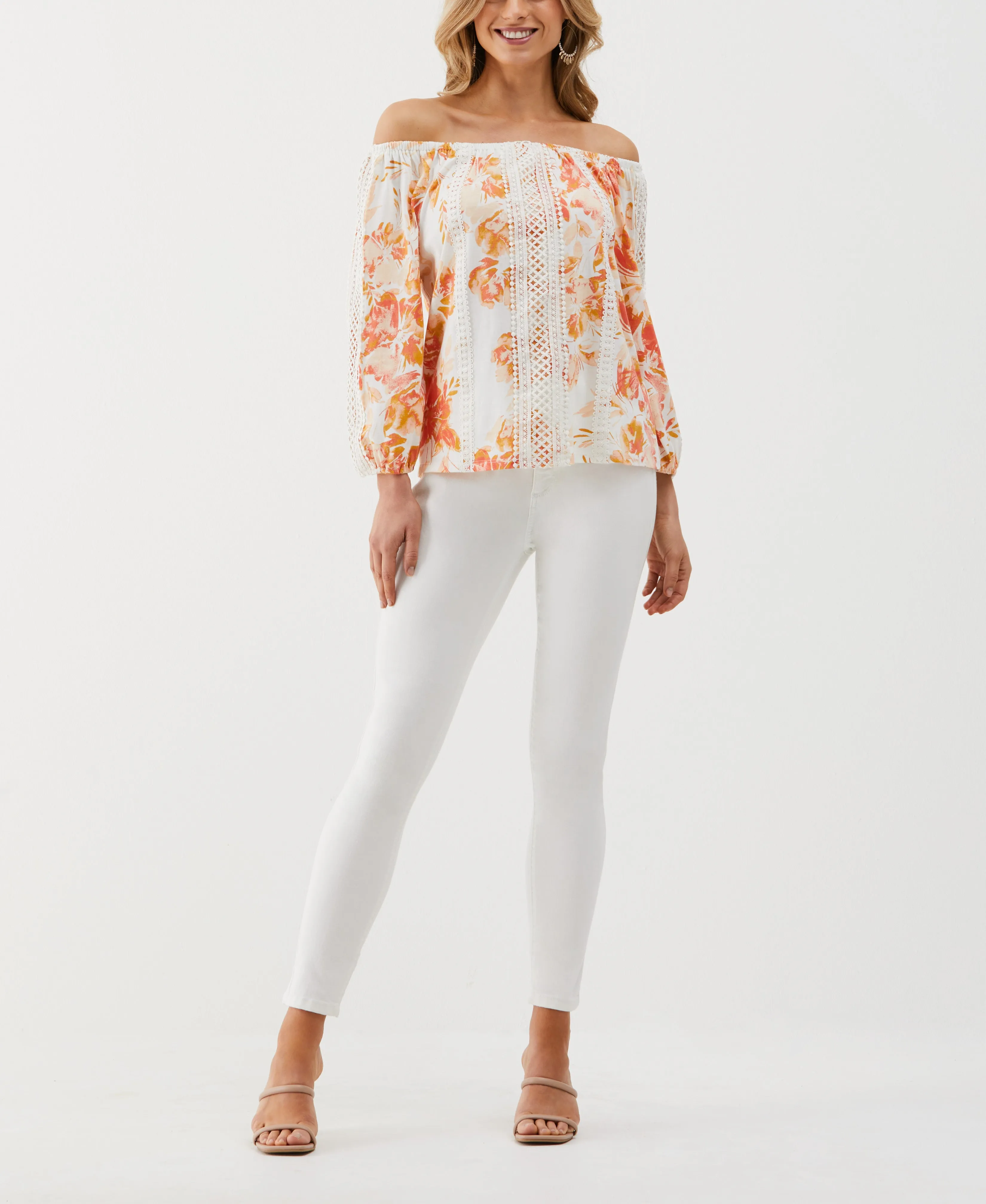 Petite Floral Print Lace Trim Off the Shoulder Top