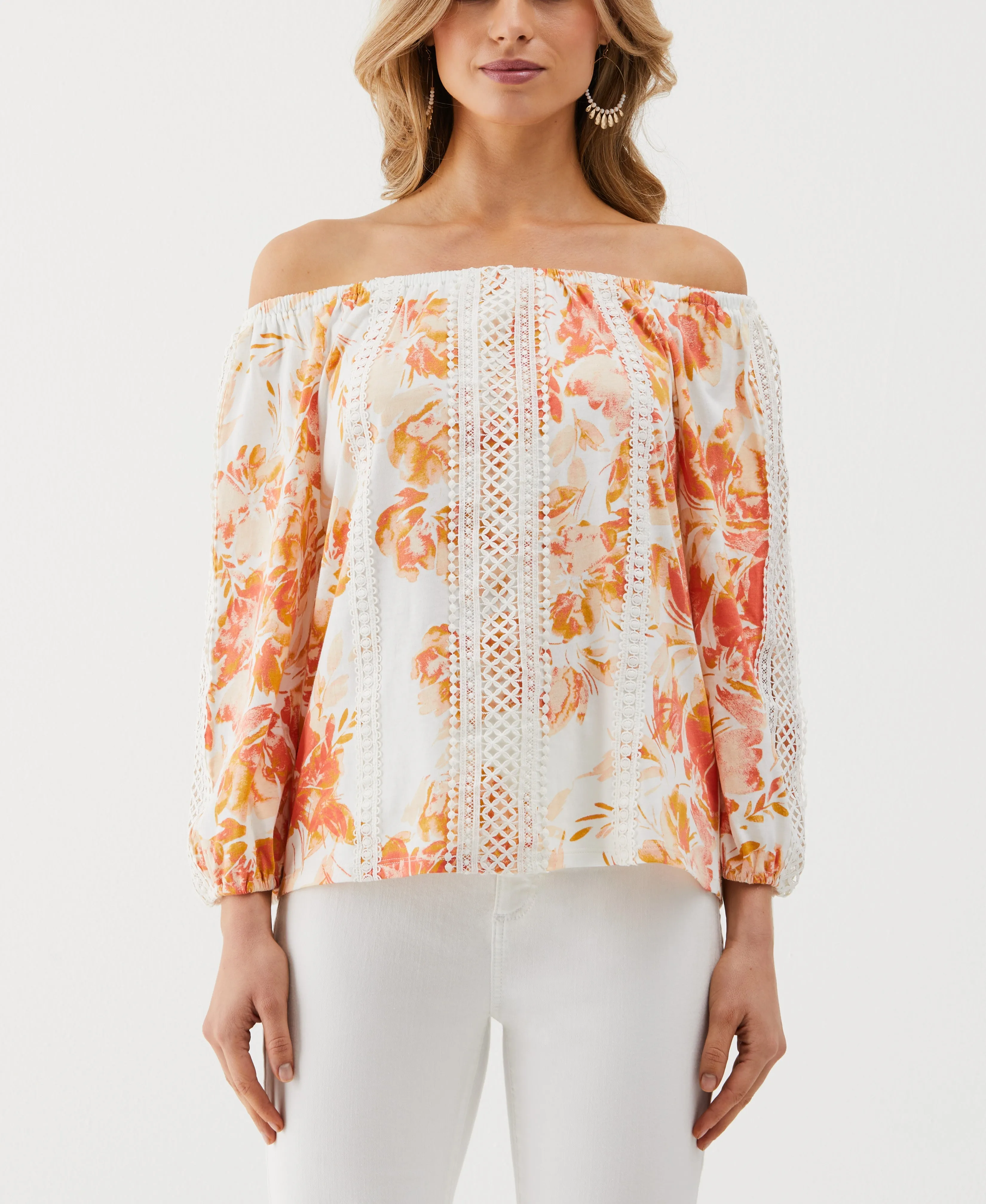 Petite Floral Print Lace Trim Off the Shoulder Top