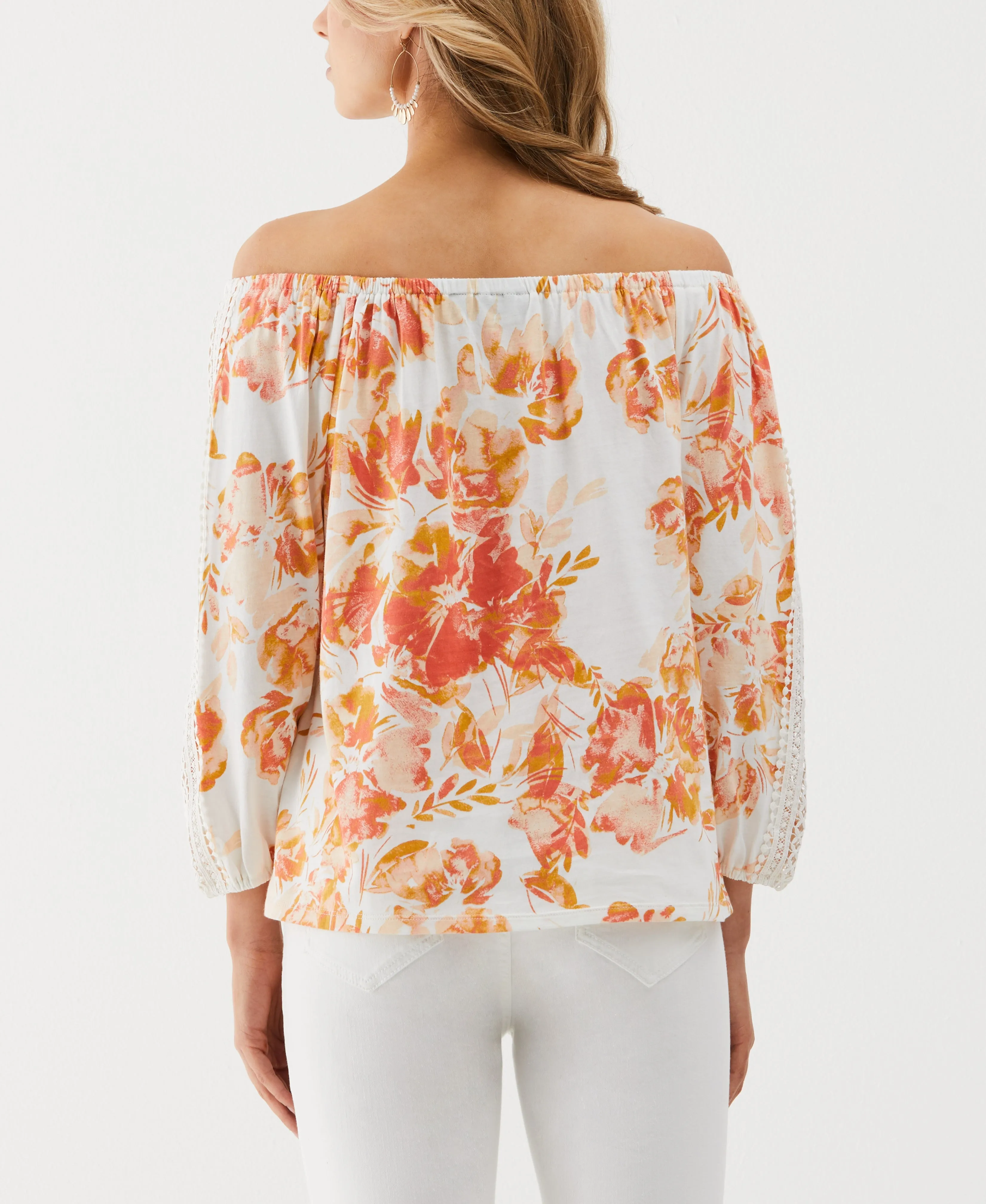 Petite Floral Print Lace Trim Off the Shoulder Top