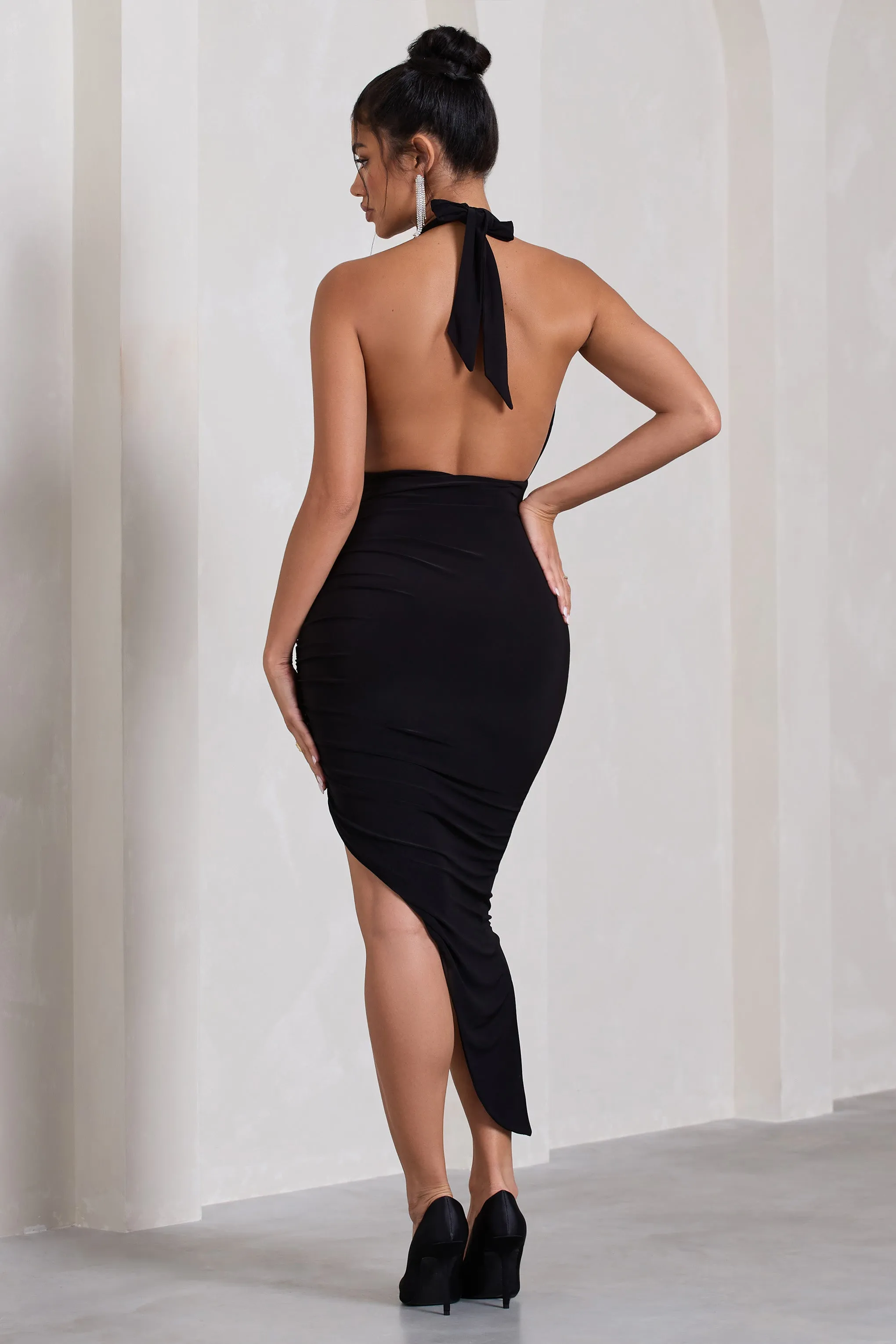 Picture This | Black Asymmetric Halter-Neck Backless Maxi Dress