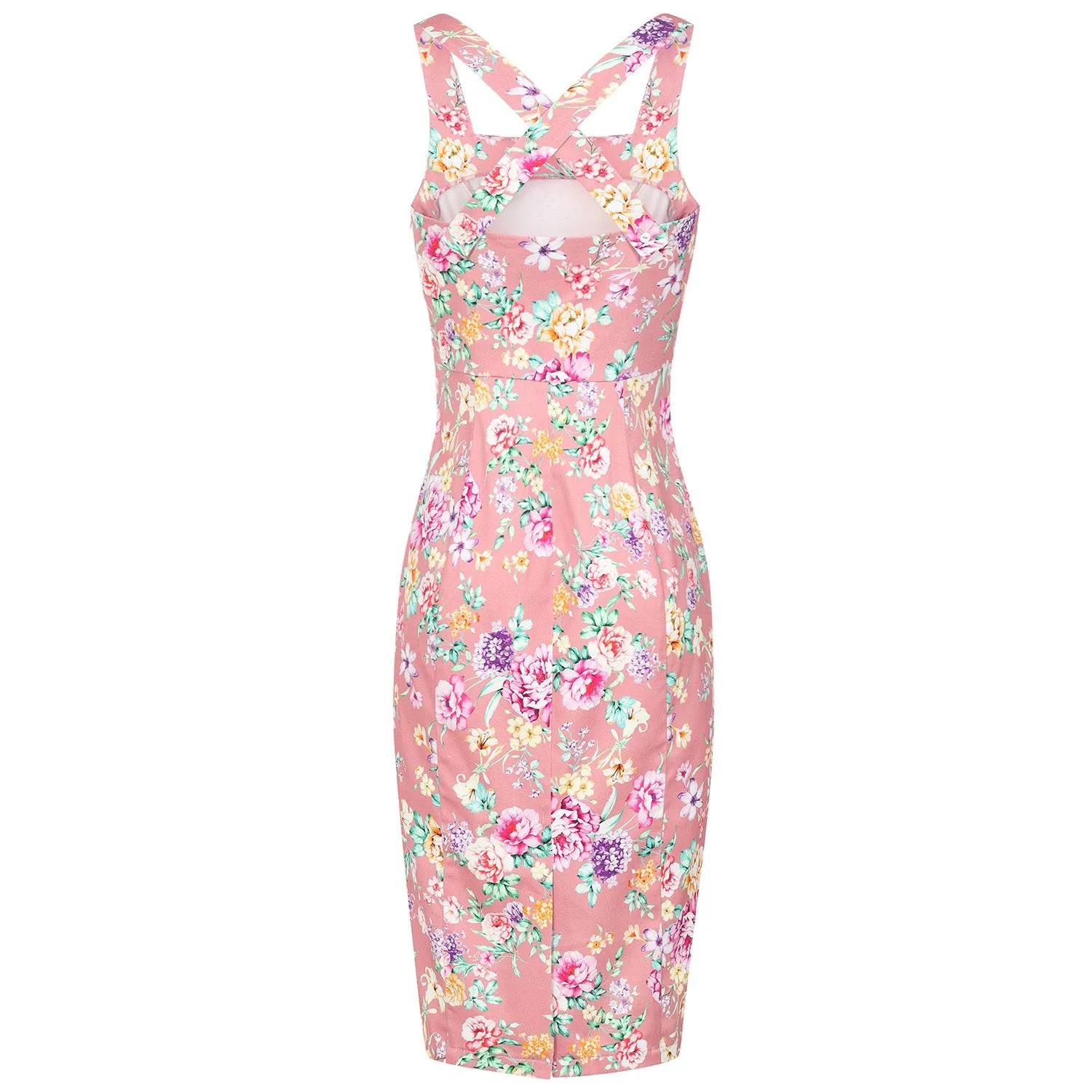 Pink Floral Sweetheart Neckline Vintage Wiggle Pencil Dress