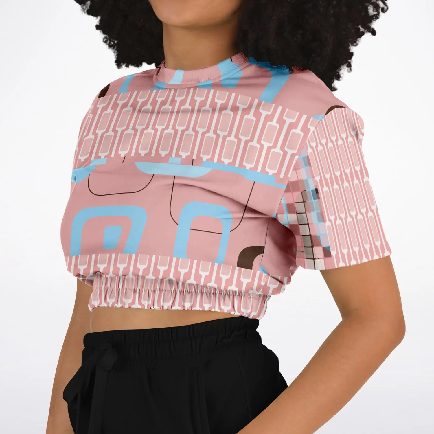 Pink Geo Gallagher Short Sleeve Cropped Eco-Poly Sweater