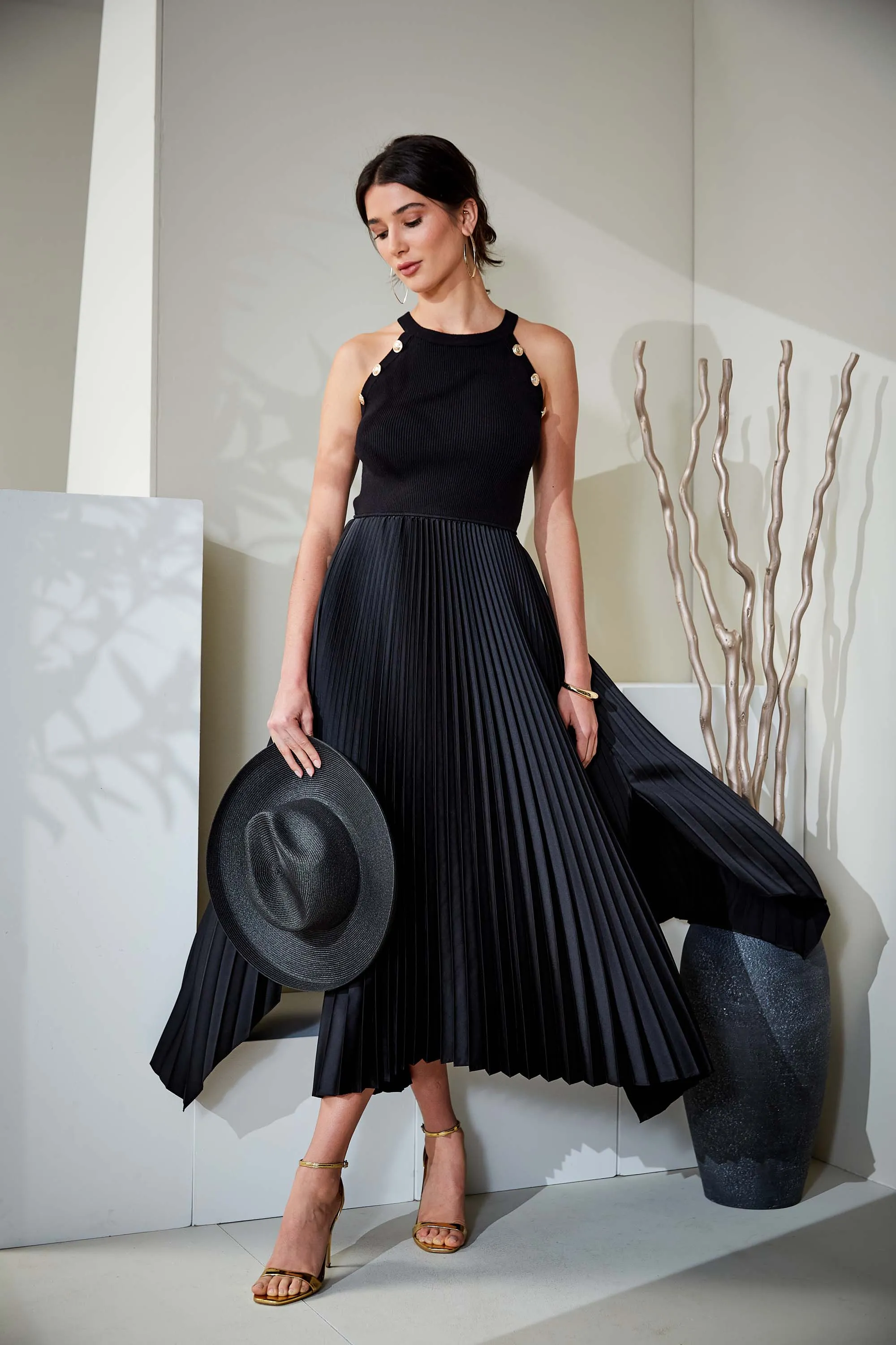 Pleated Halter Midi Dress