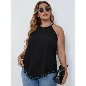 Plus size tassel hem keyhole back halter top