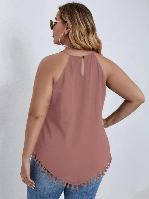 Plus size tassel hem keyhole back halter top