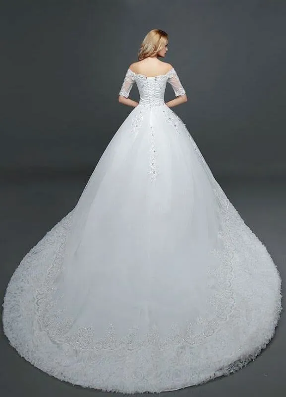 Princess Wedding Dress Off The Shoulder Lace Beading Bridal Gown White Half Sleeve Ball Gown Bridal Dress With Cathedral Train