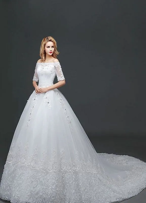 Princess Wedding Dress Off The Shoulder Lace Beading Bridal Gown White Half Sleeve Ball Gown Bridal Dress With Cathedral Train