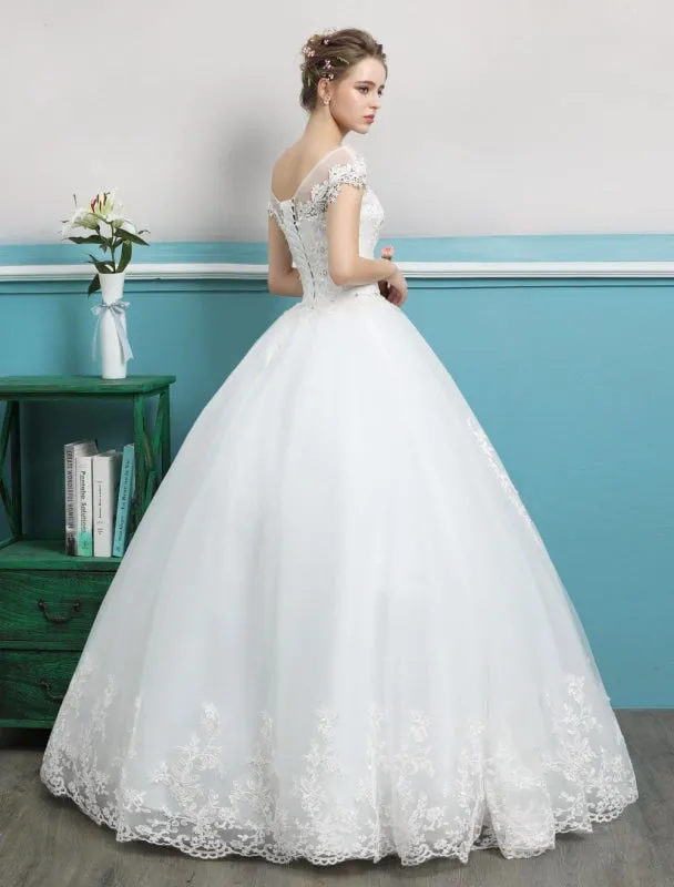 Princess Wedding Dresses Ball Gowns Lace Beaded Ivory Floor Length Bridal Dress