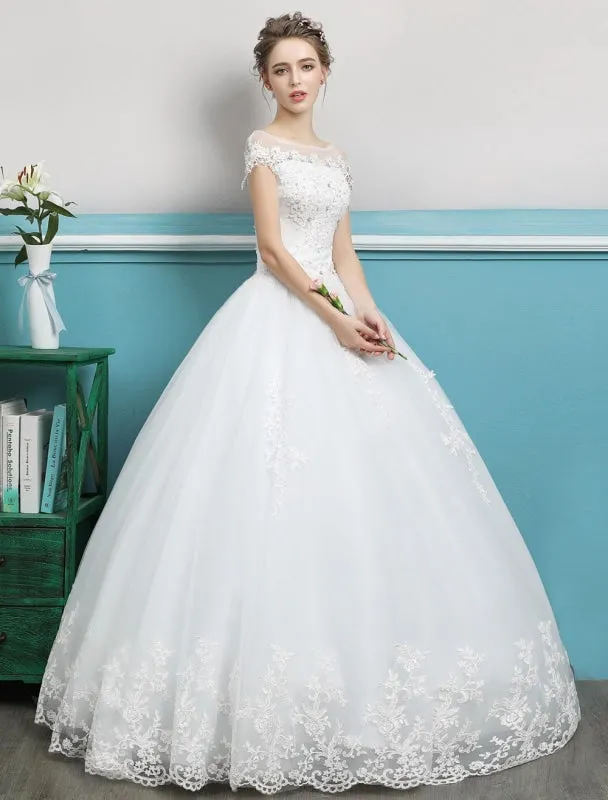 Princess Wedding Dresses Ball Gowns Lace Beaded Ivory Floor Length Bridal Dress