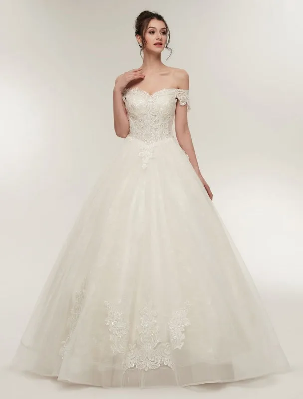 Princess Wedding Dresses Off The Shoulder Ivory Bridal Dresses Lace Applique Tulle Floor Length Ball Gowns