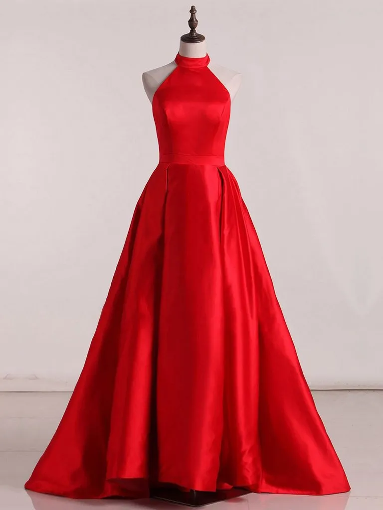 Red Satin Prom Dress Cheap A Line Long Halter African Prom Dress #ER563