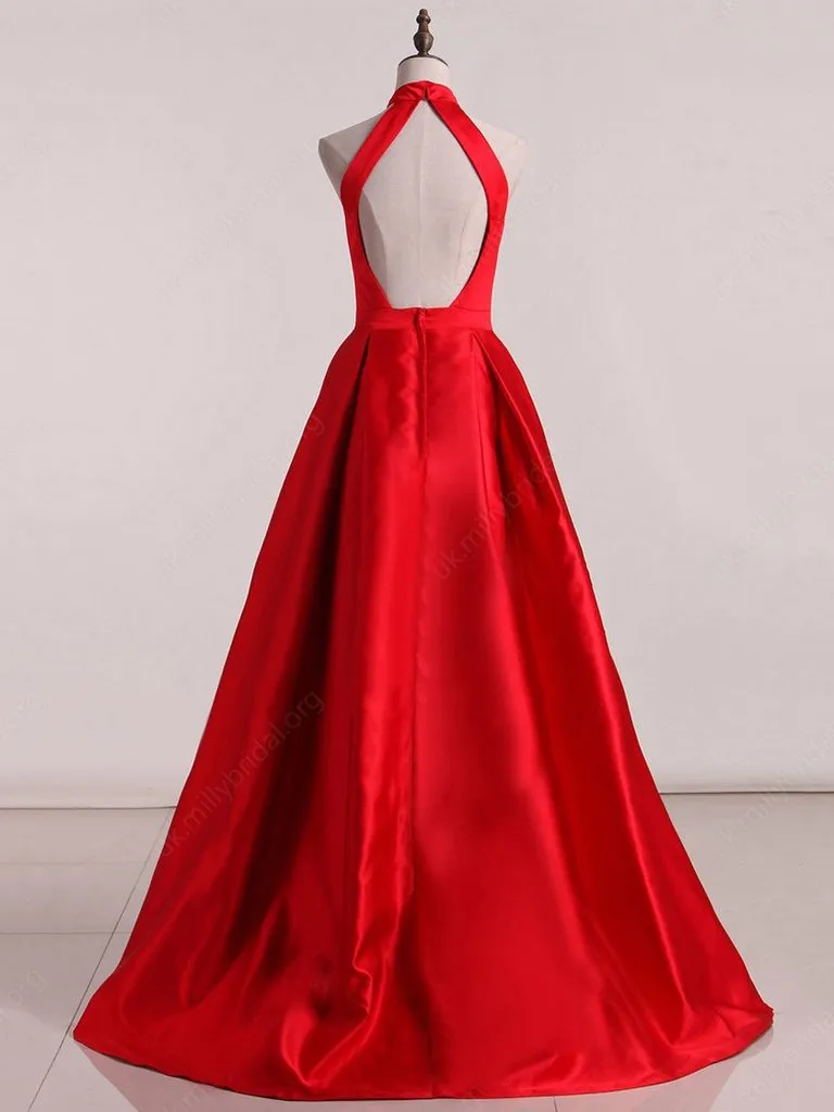 Red Satin Prom Dress Cheap A Line Long Halter African Prom Dress #ER563