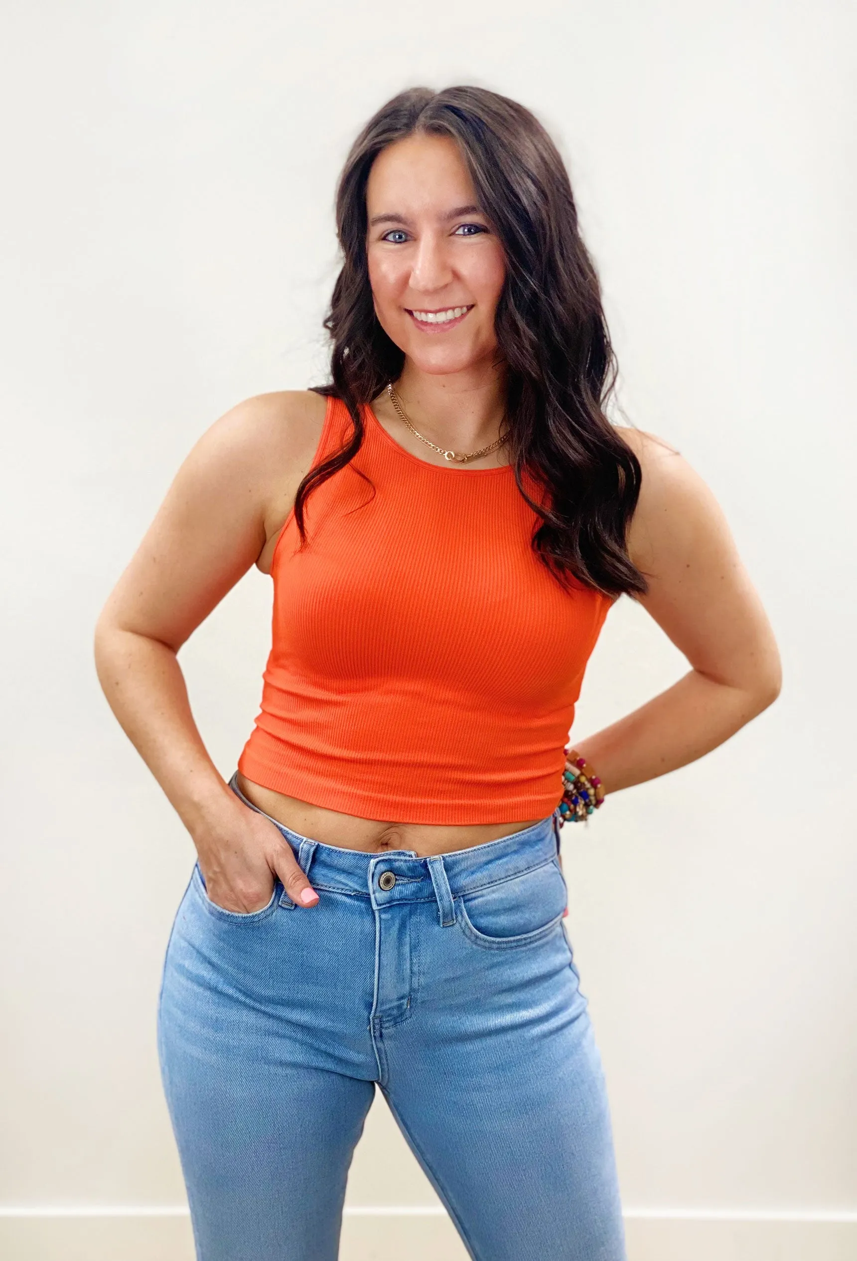 Ribbed High Neck Crop Top in Cherry Tomato