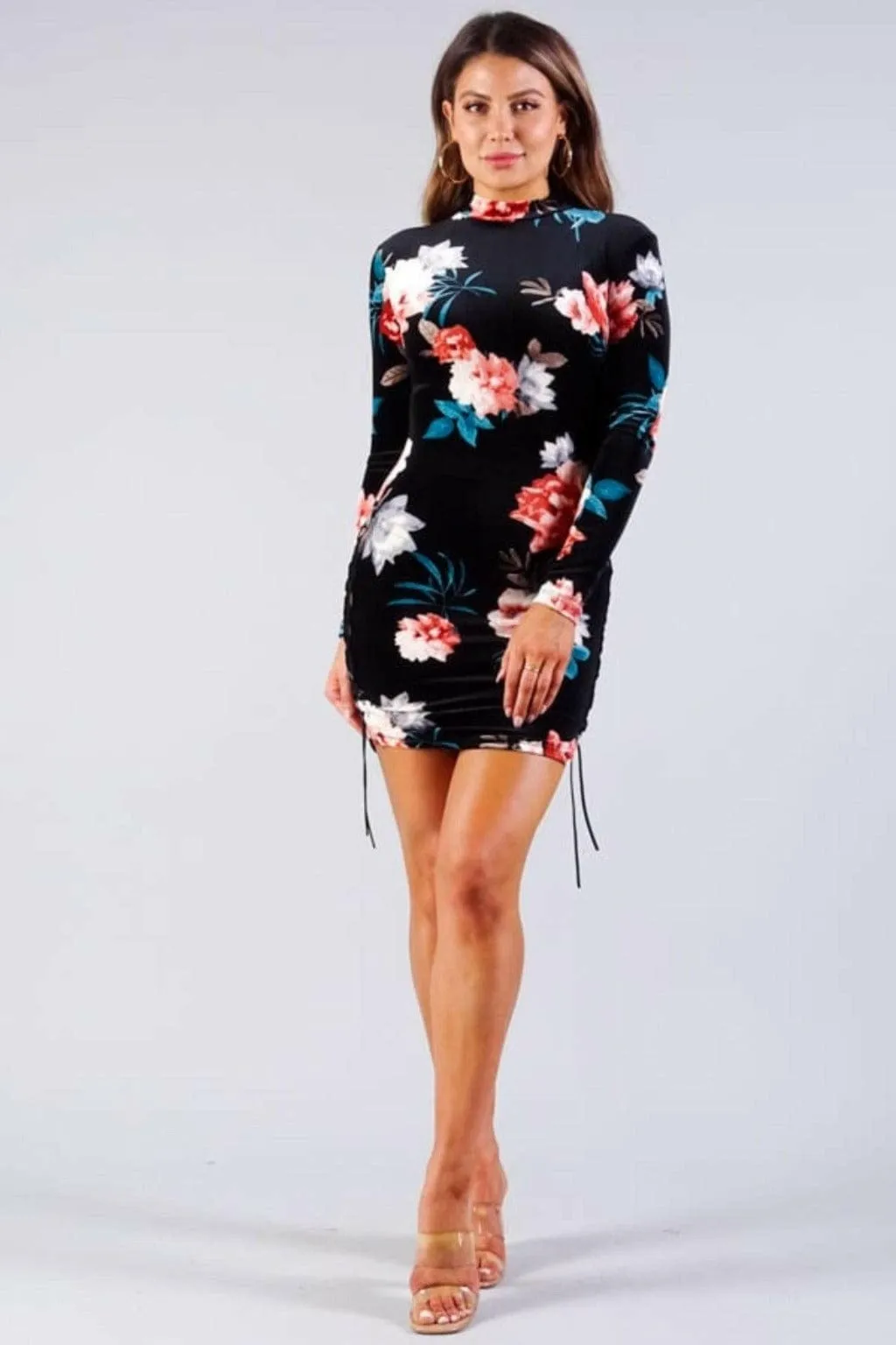 Romantic Velvet Floral Mini Dress-Black