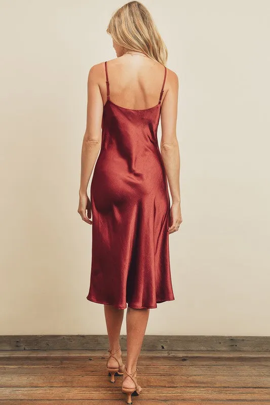 Satin Bias Cut Slip Dress - Burgundy