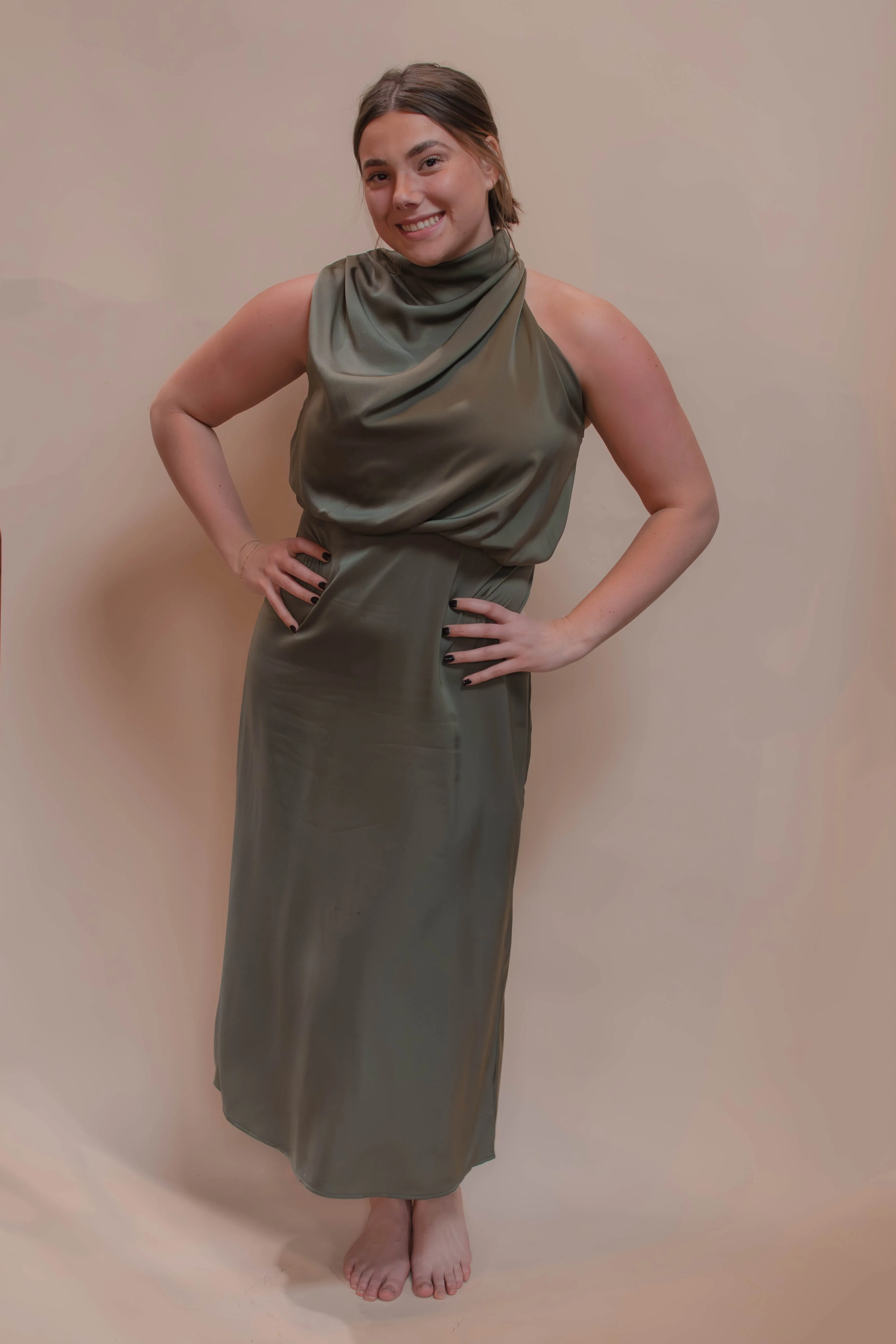 satin mock neck cocktail dress