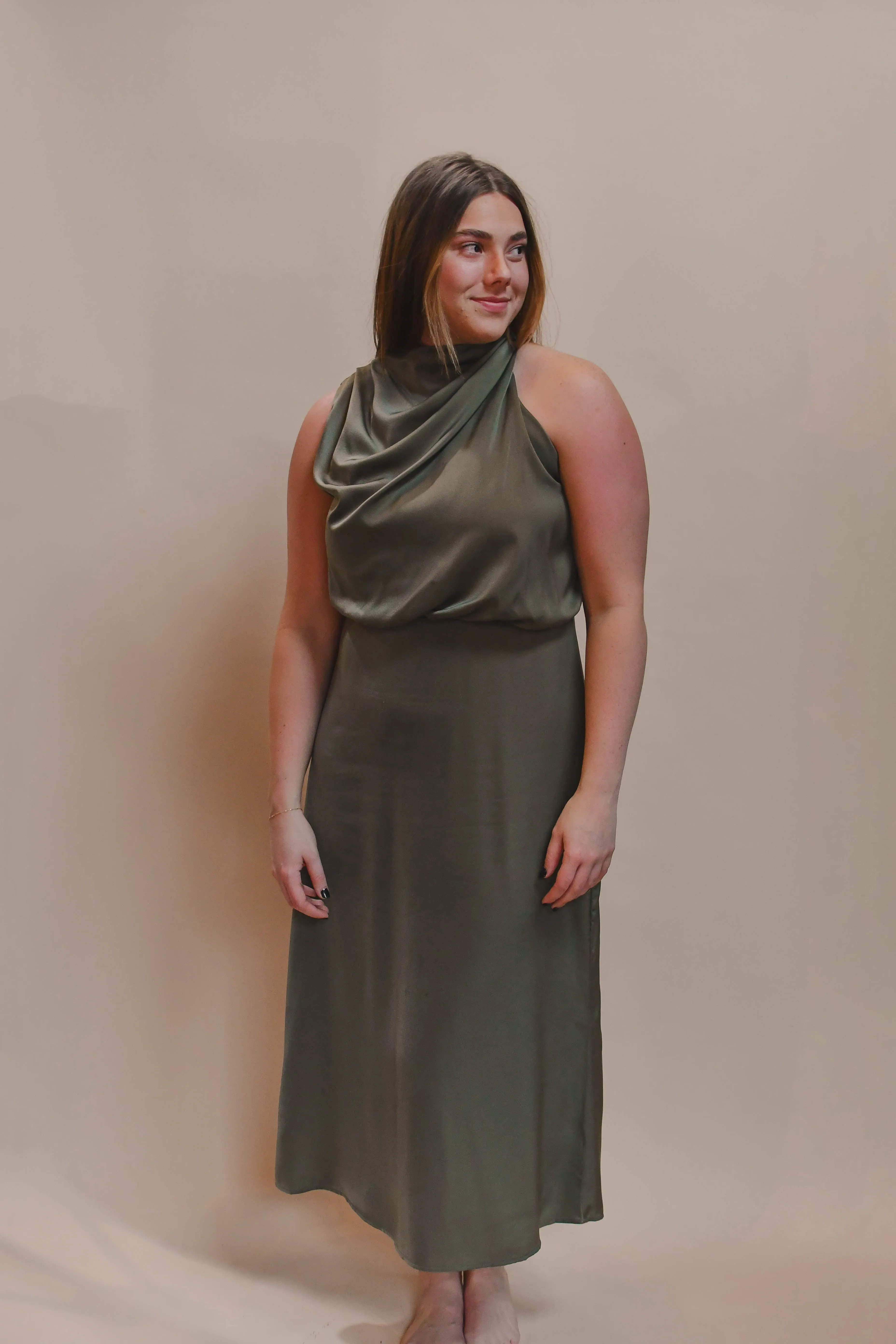 satin mock neck cocktail dress